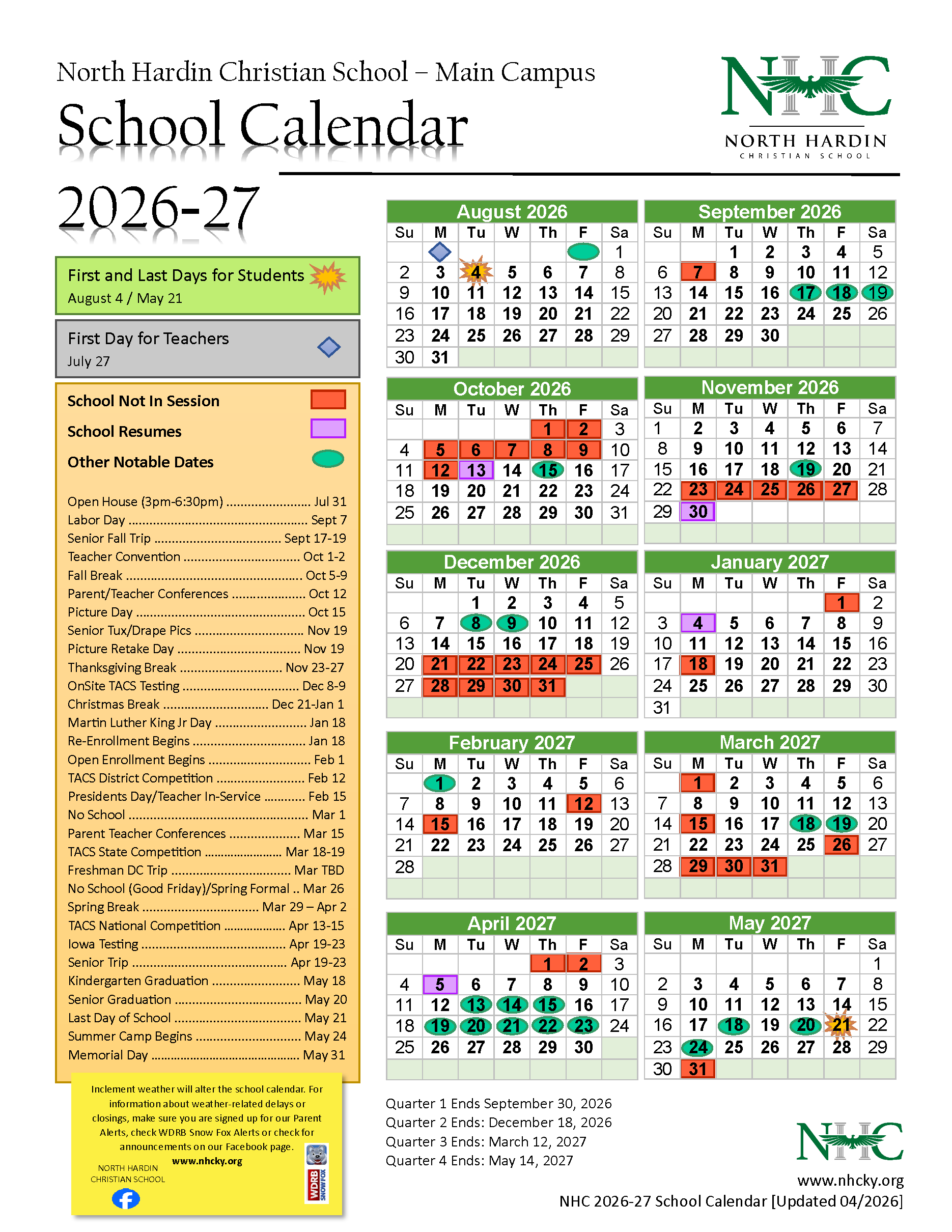 School Calendar | North Hardin Christian School